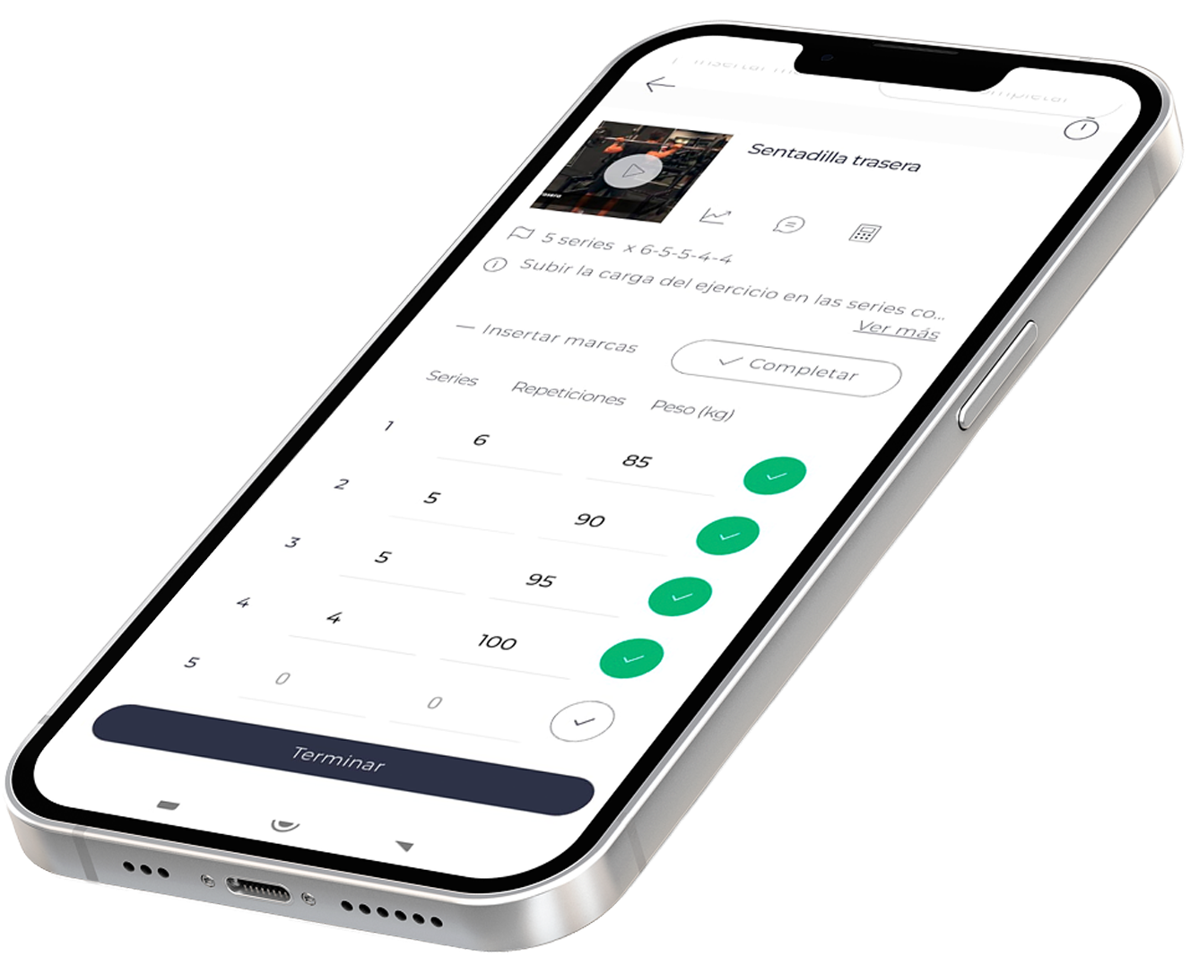 Pantalla de rutina y seguimiento en la app VD Training