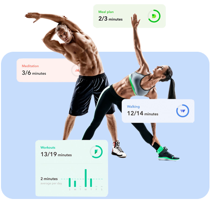 Personas entrenando con métricas en pantalla: rutinas de ejercicio personalizadas en app de entrenamiento online